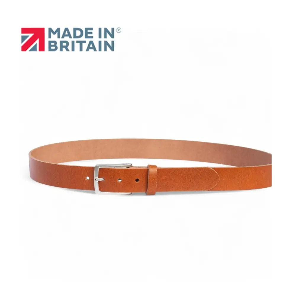 Brandy  belt with a silver buckle on a white background, featuring 'Made in Britain' logo.