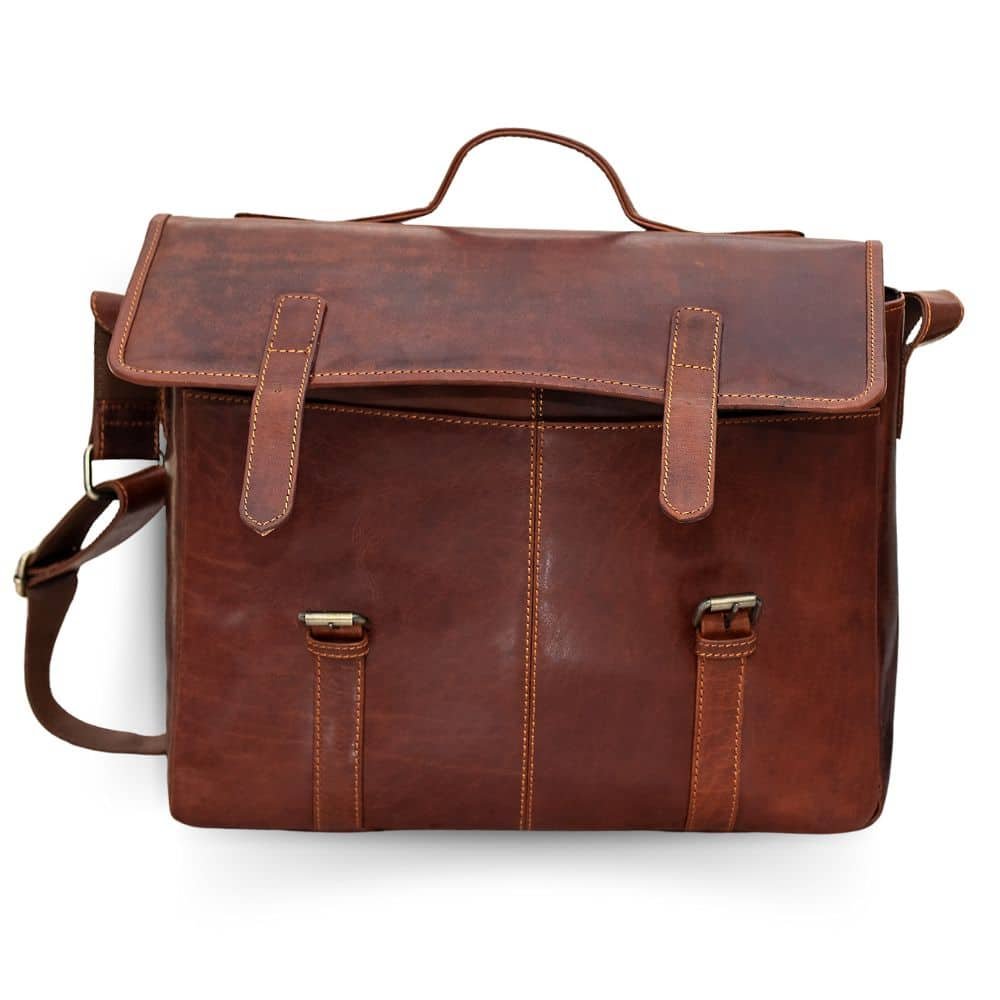 Bridge Briefcase With Leather Strap Brown flap open-GL10BRIEFCASEBRN