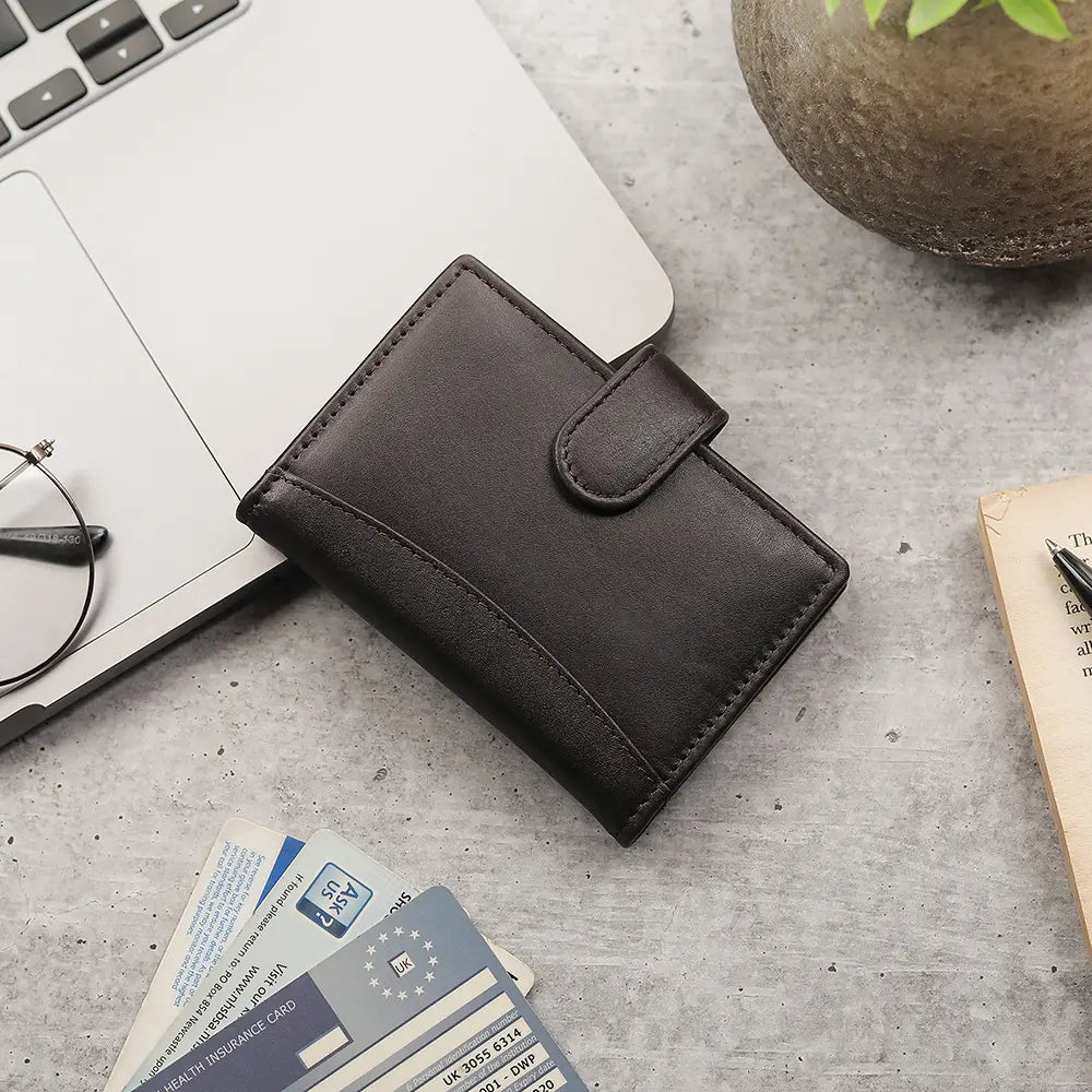 Slim soft leather RFID card holder, personalised with 3 initials. Secure credit card wallet with 6 slots and 15-card plastic insert.