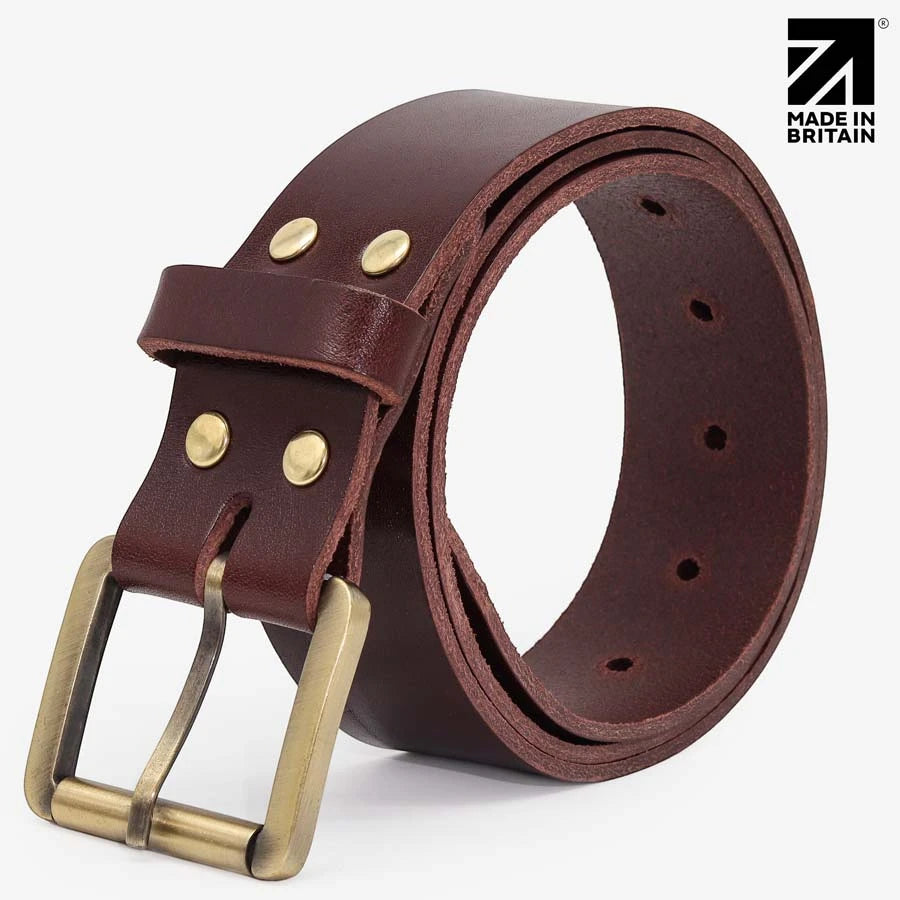 Rolled brown full-grain Italian leather belt with solid brass roller buckle