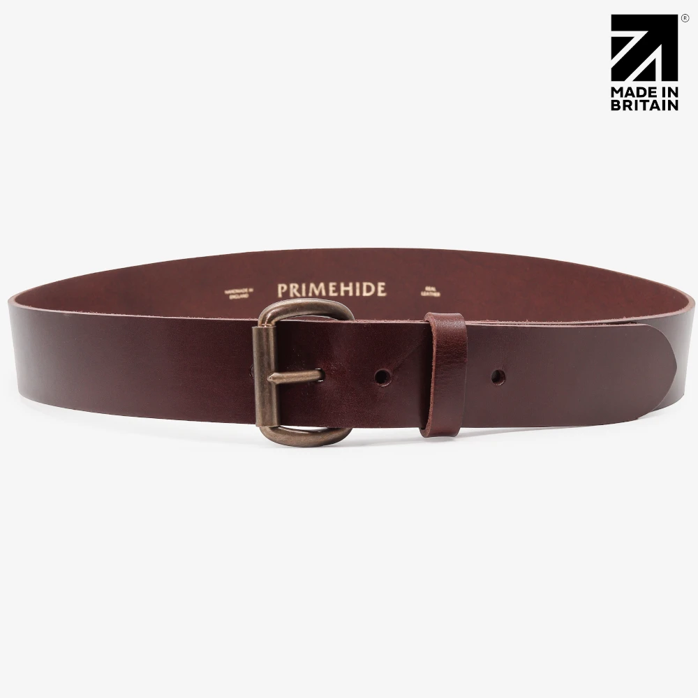 Brown leather belt with antique brass roller buckle