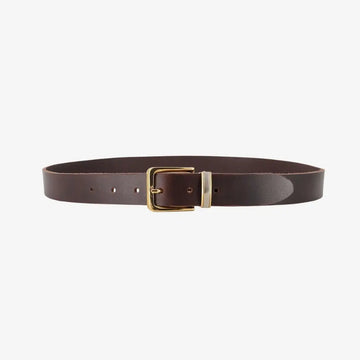 Full length view of Brown leather belt with a gold buckle on a white background