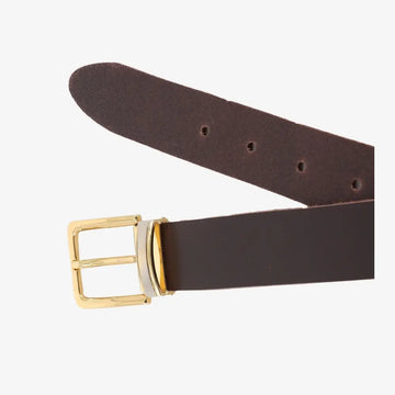 Top angle view of Brown leather belt with a gold buckle on a white background