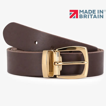Brown leather belt with gold buckle on a white background, featuring 'Made in Britain' logo.