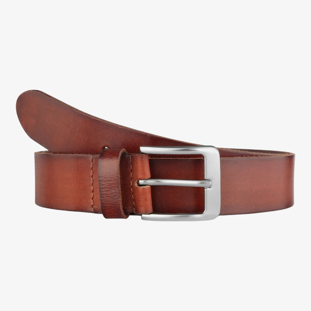 Brown leather belt with a silver buckle on a white background