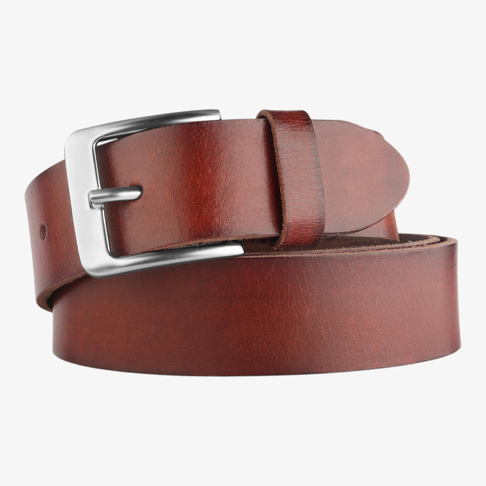 Brown leather belt with a silver buckle on a white background