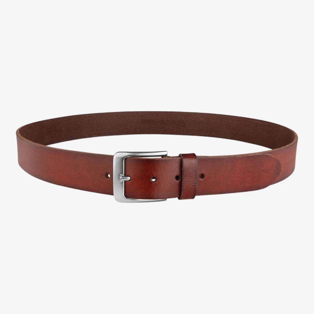 Full width view of Brown leather belt with a silver buckle on a white background