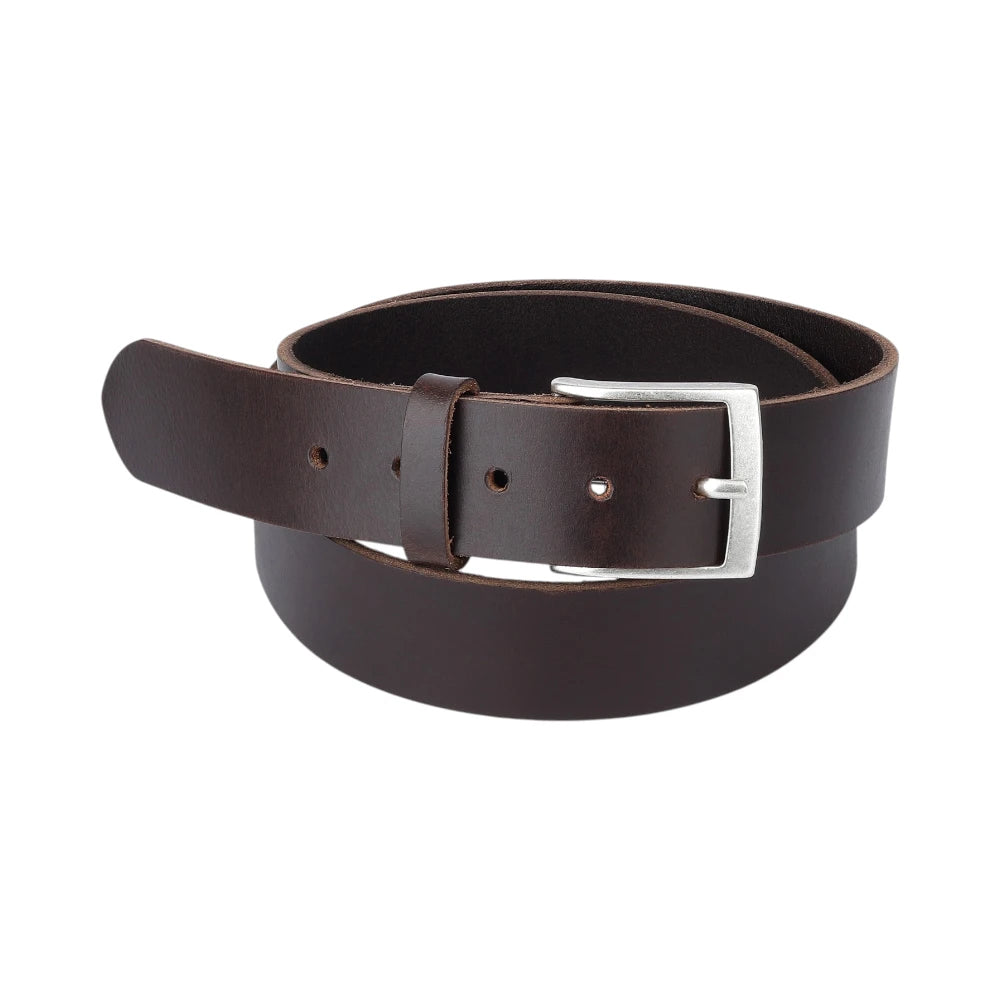 Brown leather belt with a silver buckle on a white background