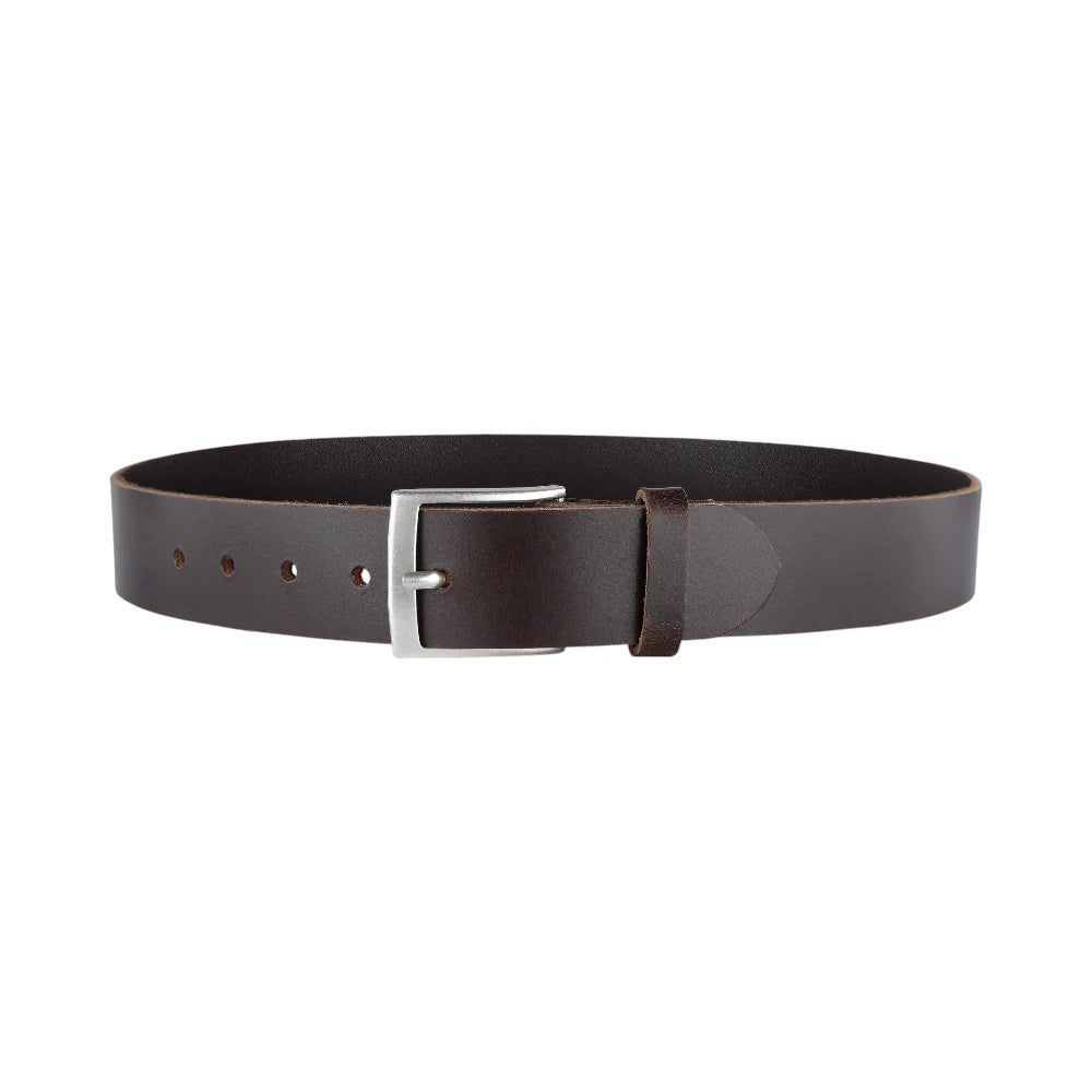 Brown leather belt with a silver buckle on a white background