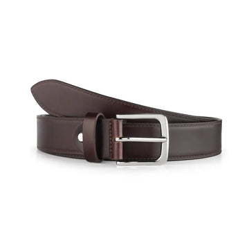Brown leather belt with a silver buckle on a white background