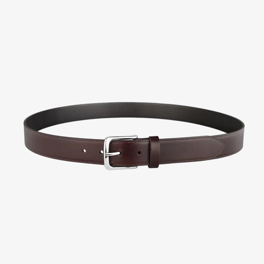 Full length view of Brown leather belt with a silver buckle on a white background