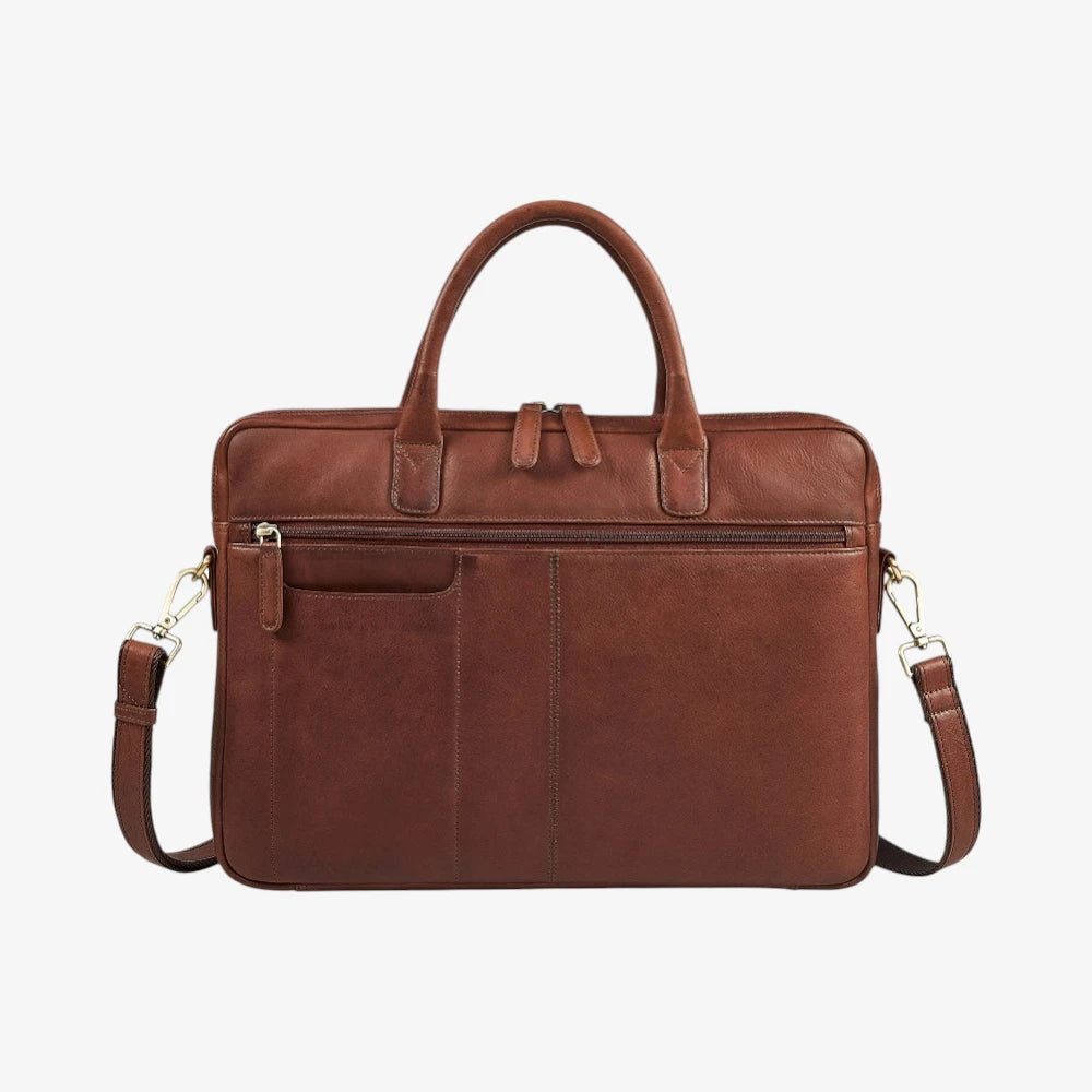 Brown leather briefcase with shoulder strap on a white background