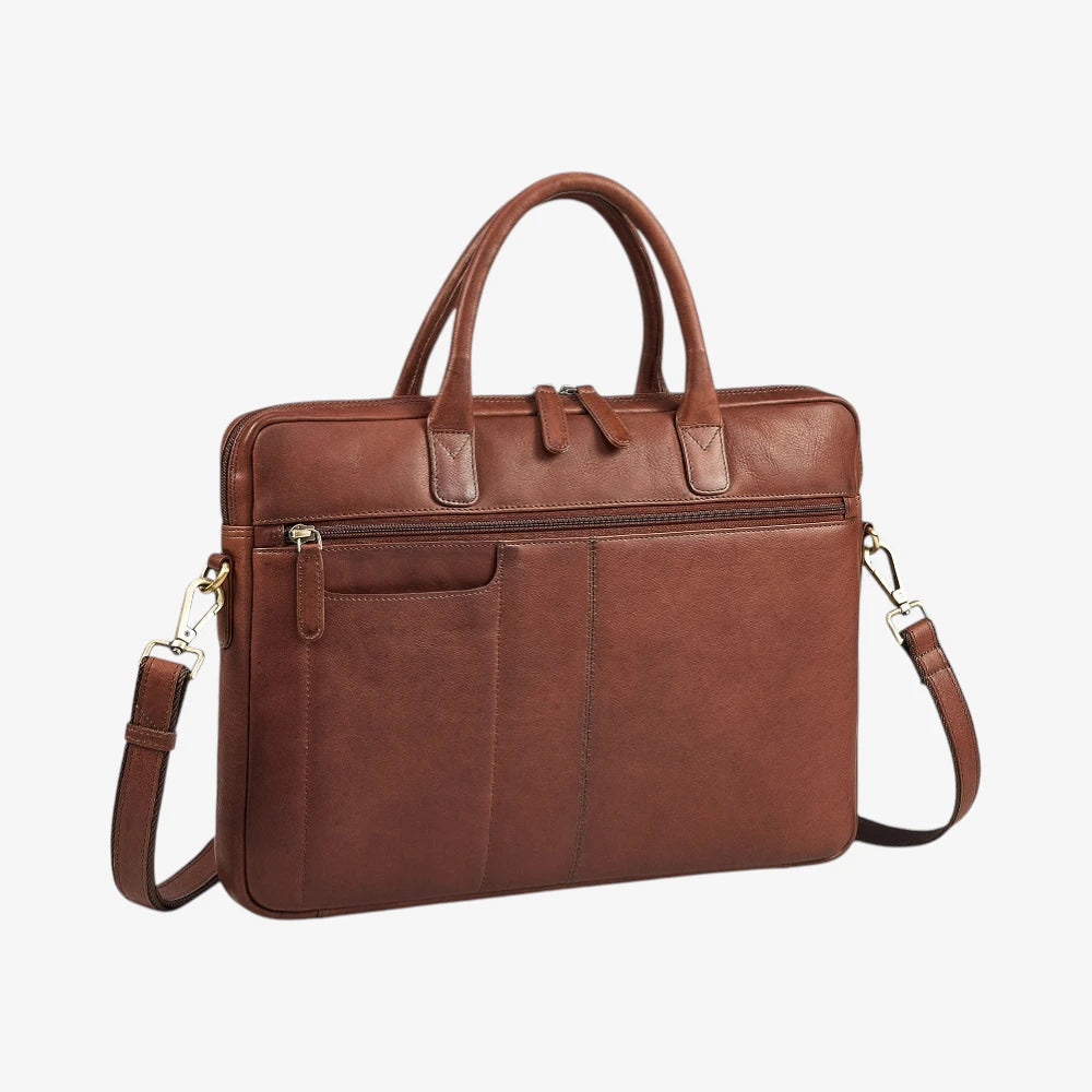 Brown leather briefcase with shoulder strap on a white background