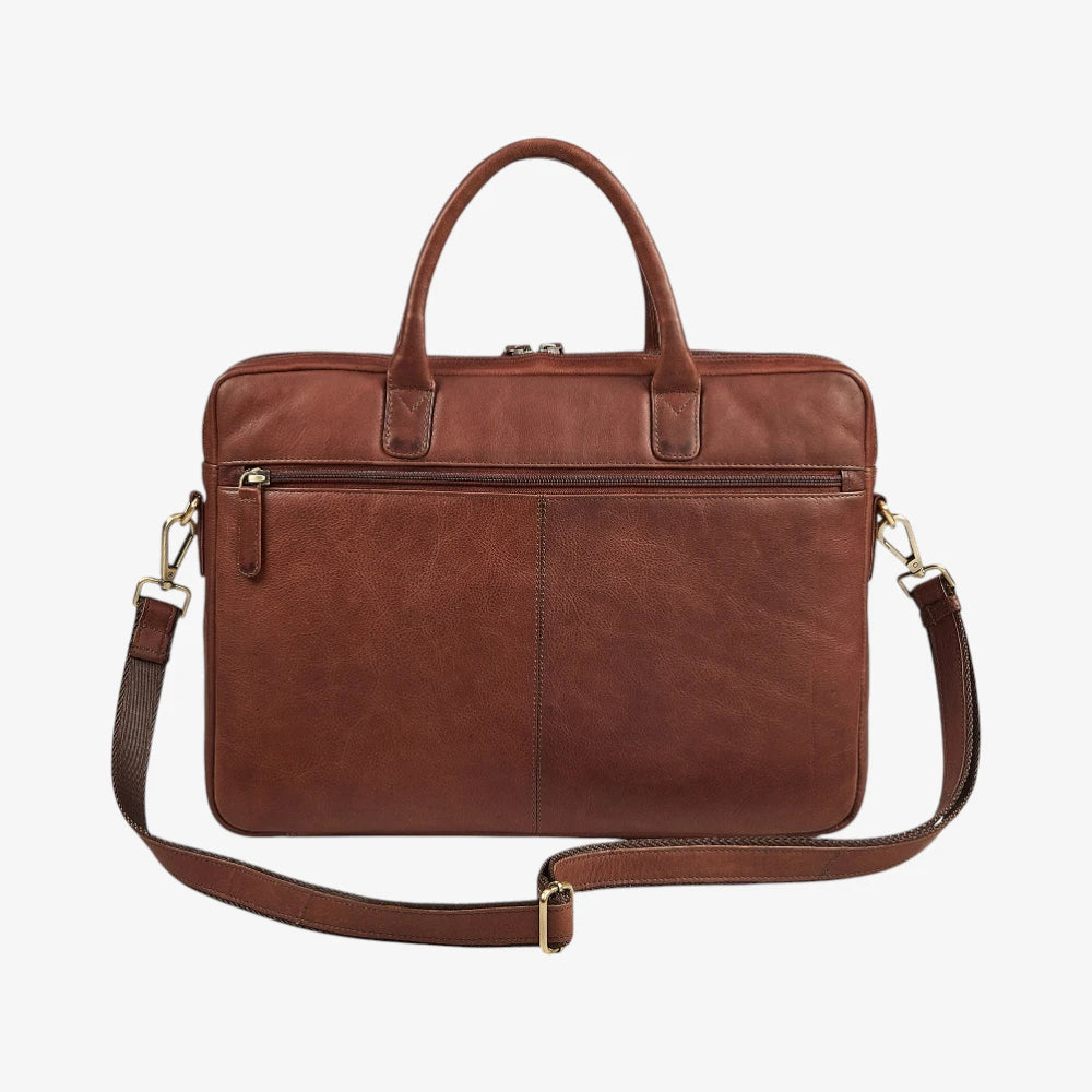Brown leather briefcase with a shoulder strap on a white background