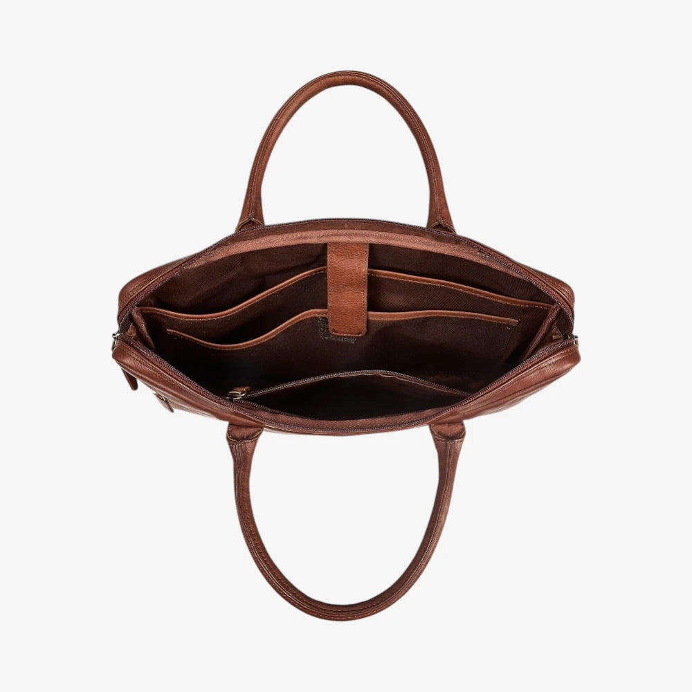 Brown leather handbag with open interior on a white background