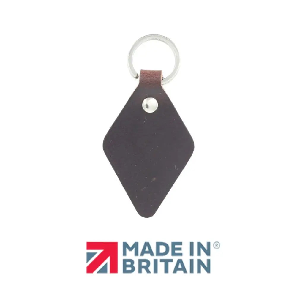 Brown diamond-shaped keychain with a metal ring on a white background, featuring 'Made in Britain' logo.