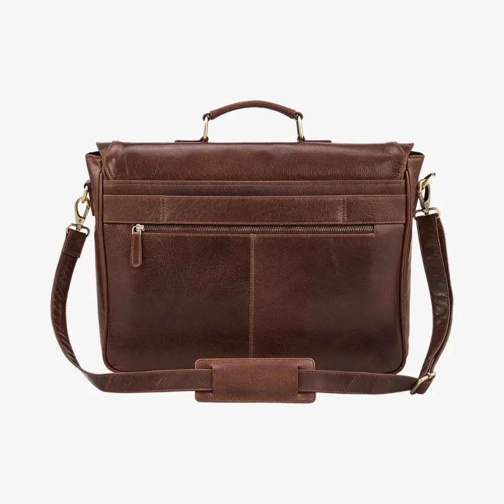 Brown leather laptop bag with shoulder strap on a white background
