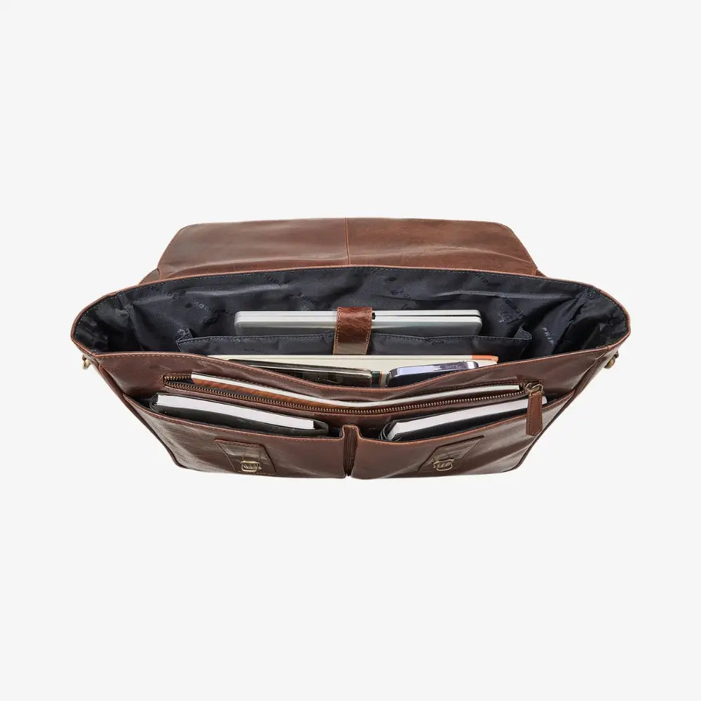 Brown leather laptop bag with open compartments on a white background
