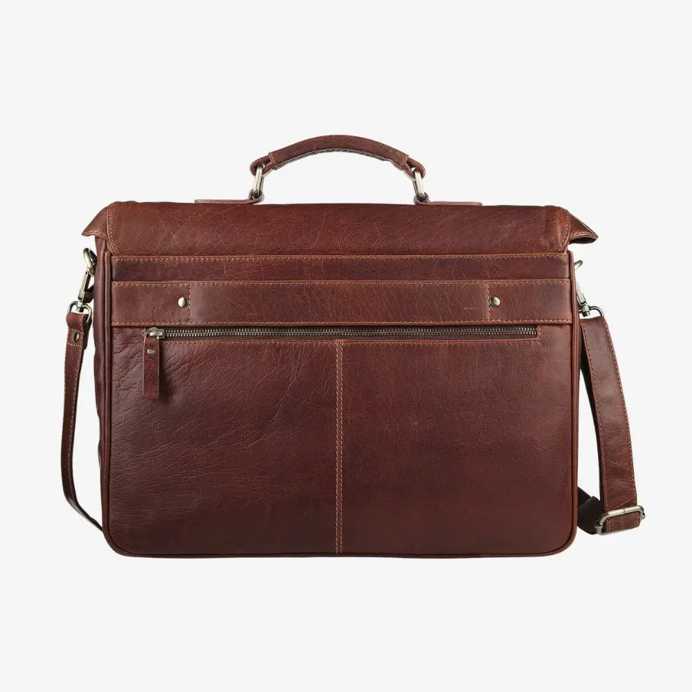 Brown leather laptop bag with shoulder strap on a white background
