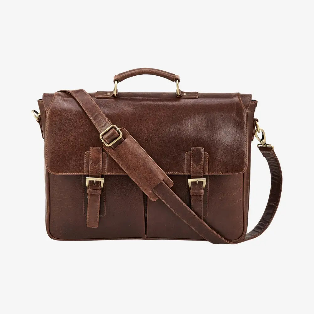 Brown leather laptop bag with shoulder strap on a white background