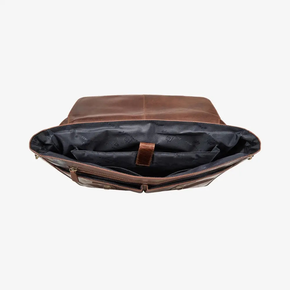 Brown leather bag with open interior on a white background