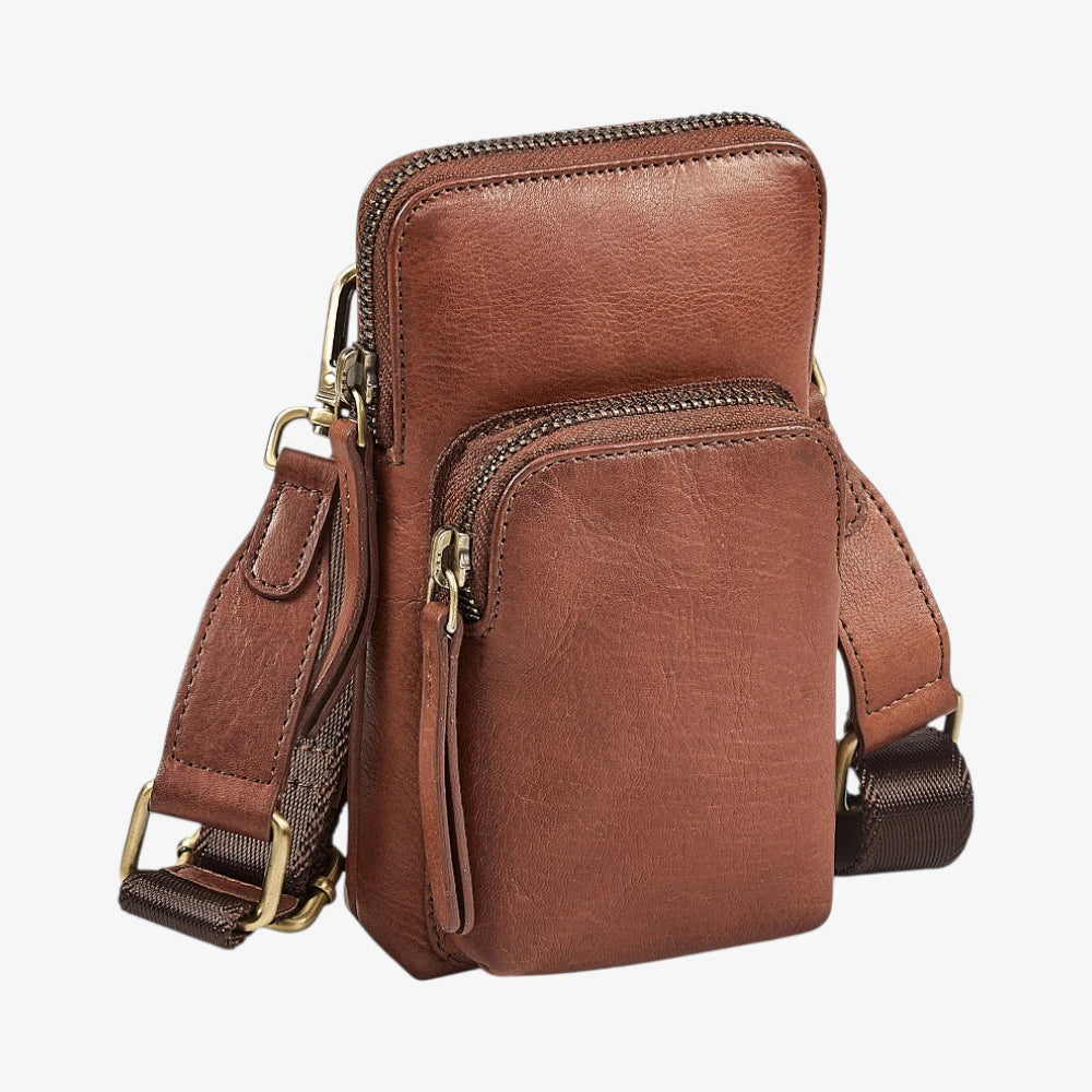 Brown leather Phone bag with multiple pockets on a white background