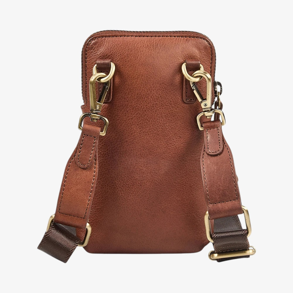 Brown leather Phone  bag with gold hardware on a white background