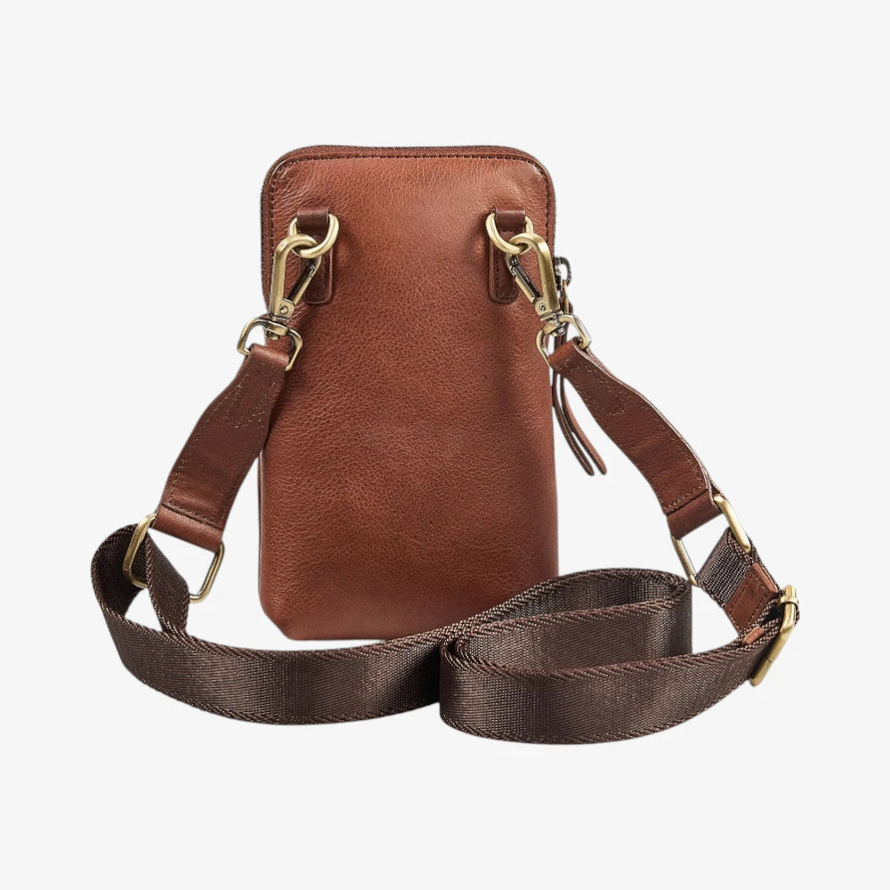 Brown leather Phone bag with gold hardware on a white background