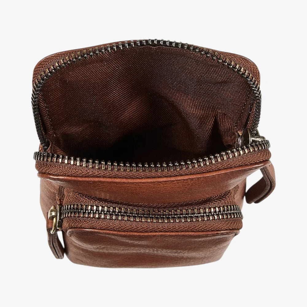 Brown leather Phone  bag with multiple zippers on a white background