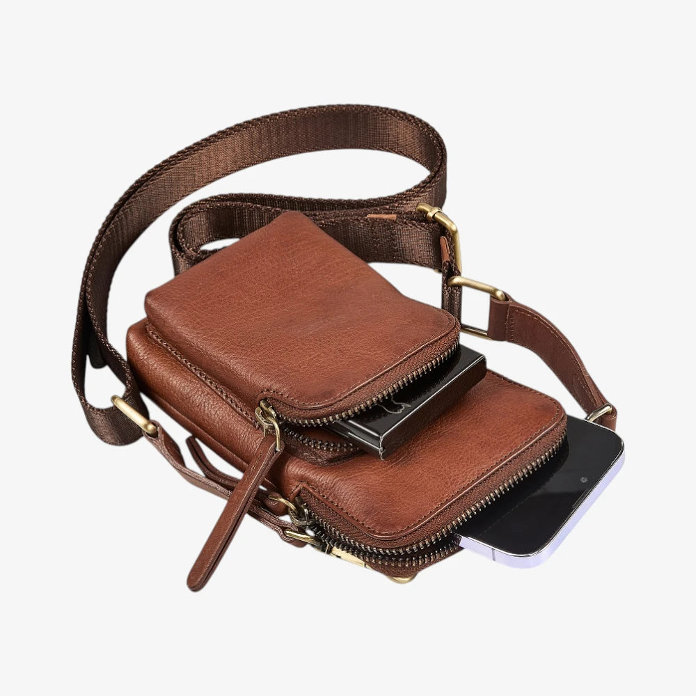 Brown leather Phone bag with a phone inside on a white background