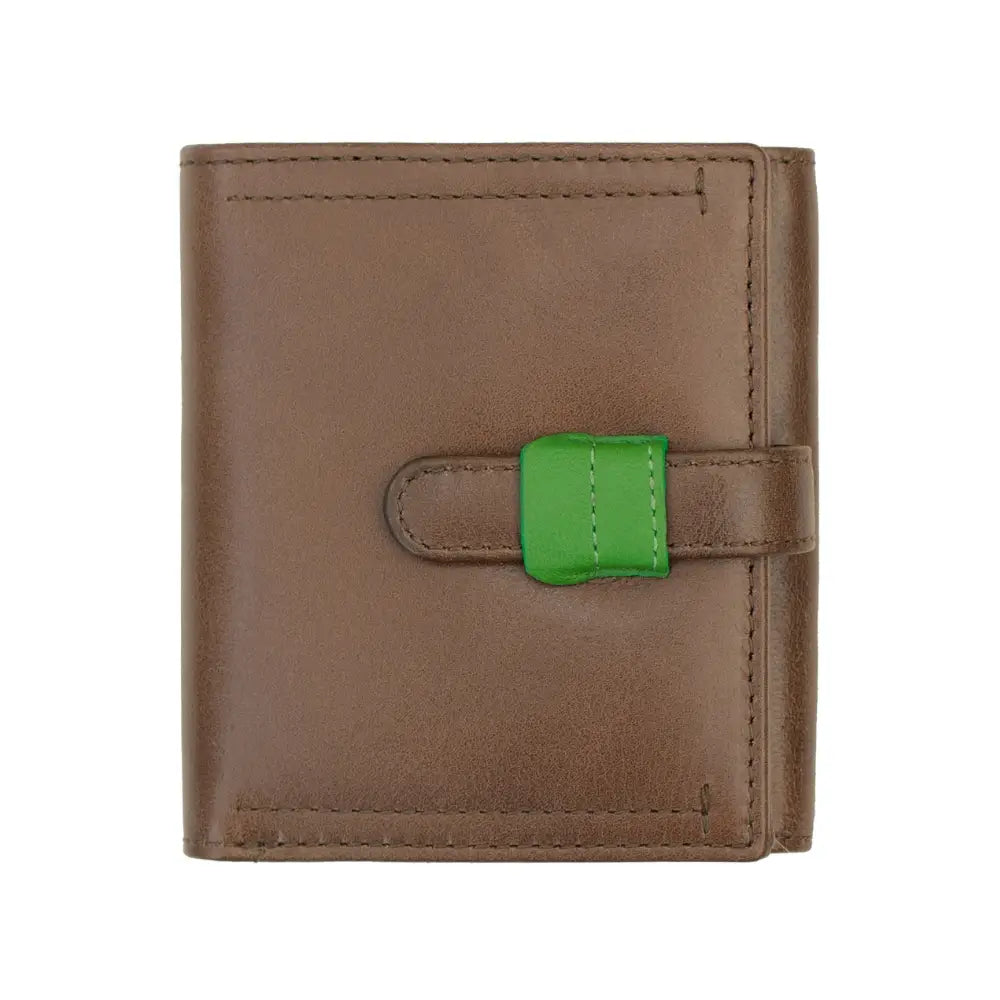Front view of the Brown Leather Trifold Purse – Orchard, featuring a smooth chestnut finish and a secure loop-and-tab fastening.