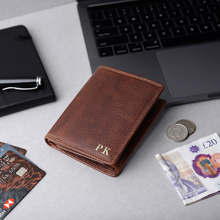 Brown leather wallet with personalised initials