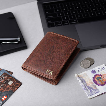 Brown leather wallet with personalised initials