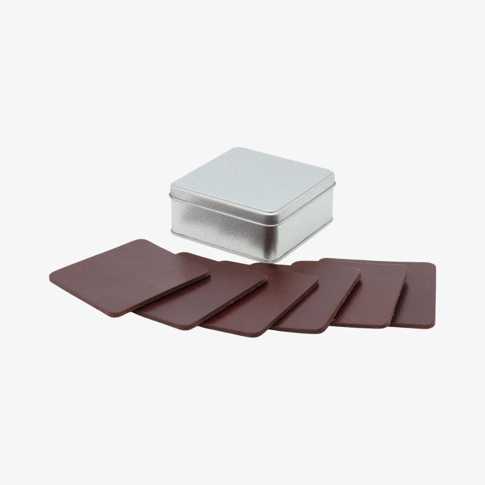  Full grain leather coasters gift for home Set of brown coasters with a silver storage box on a white background
