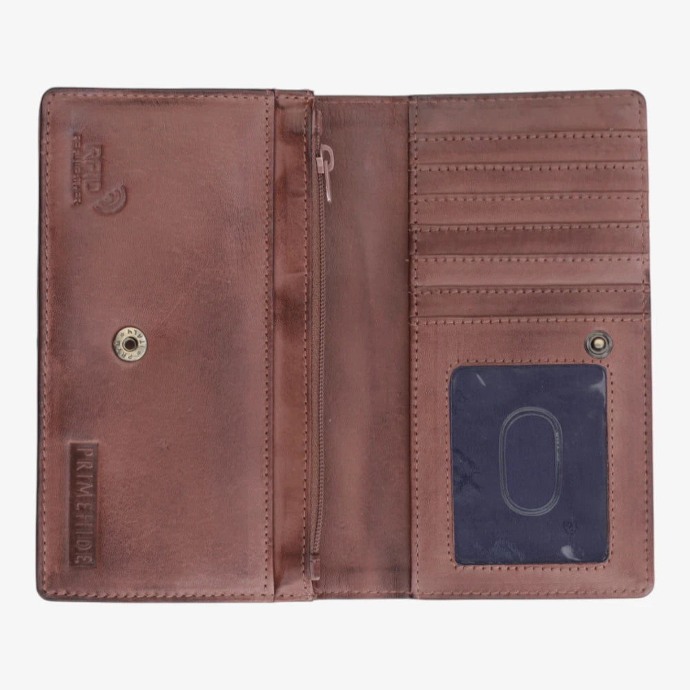 Brown leather purse with card slots and a visible brand logo on a white background