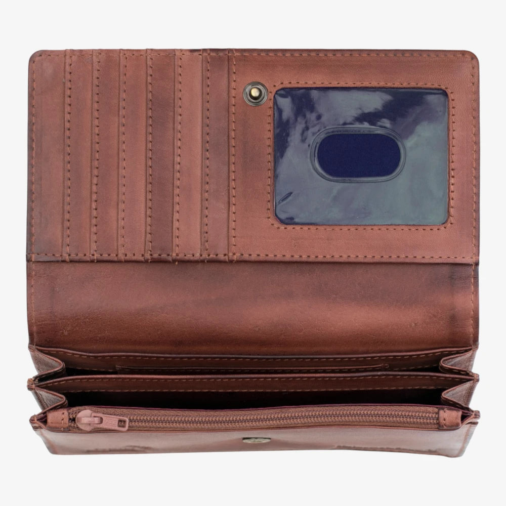 Inside view of Brown leather purse with a card holder on a white background