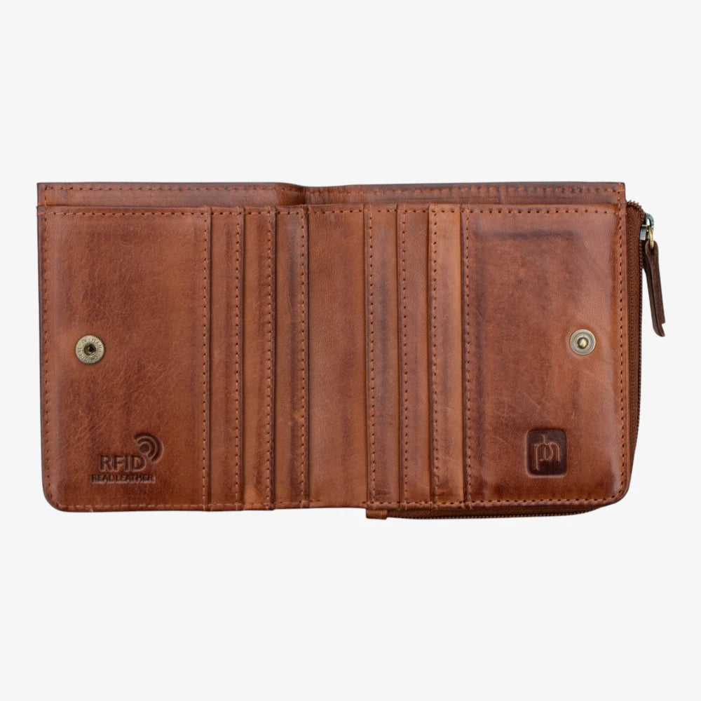 Brown leather purse with visible branding on a white background
