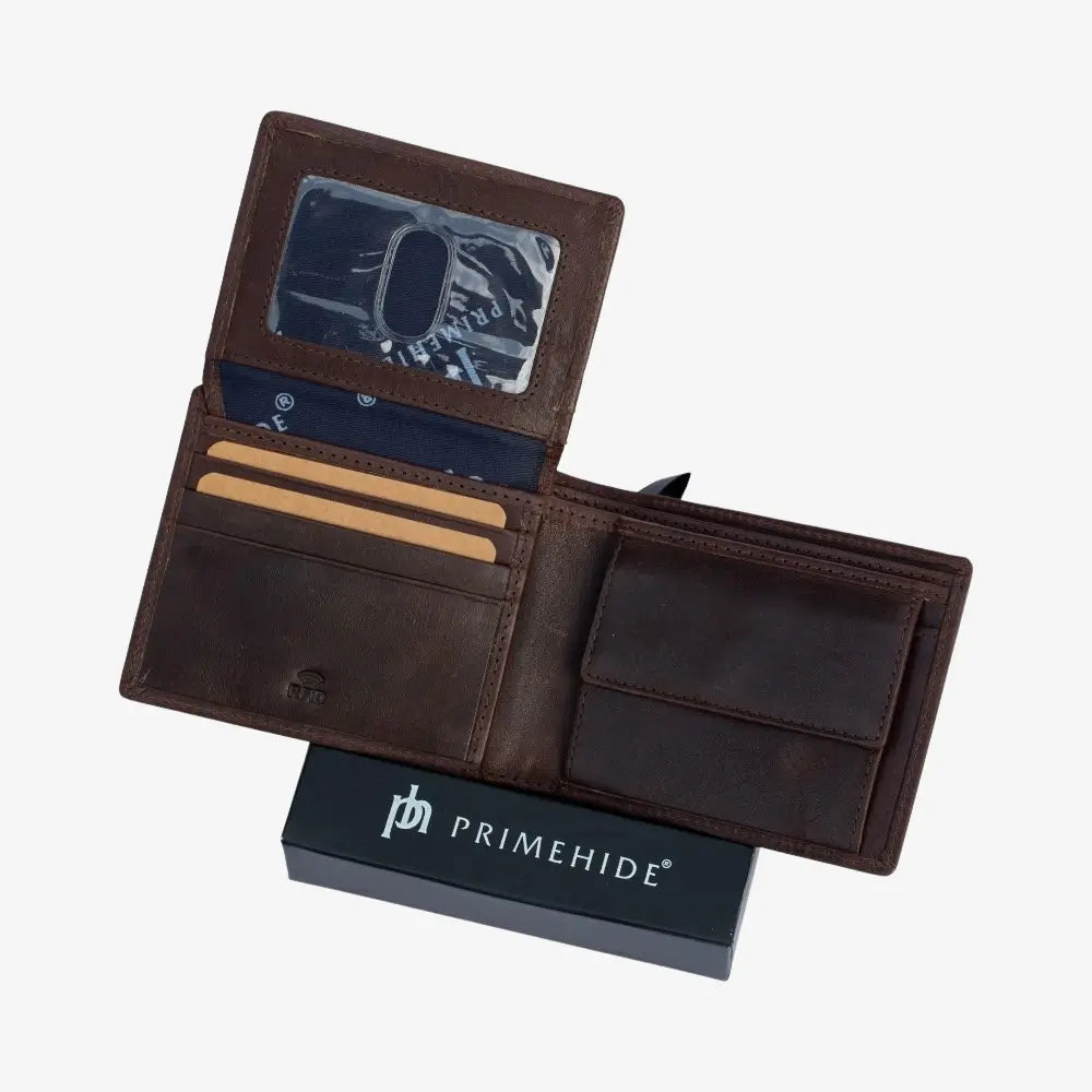 Brown leather wallet with card slots on a white background, featuring the Primehide brand.