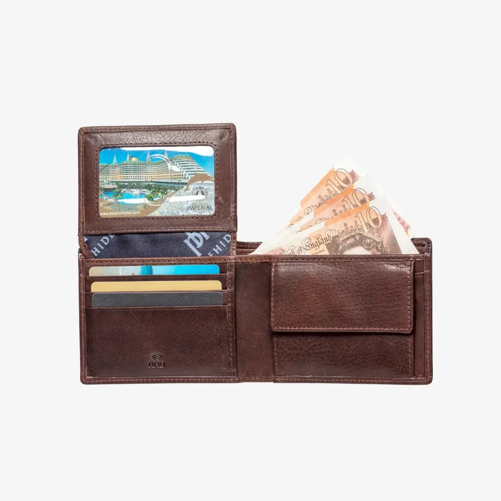Brown leather wallet with cards and money on a white background