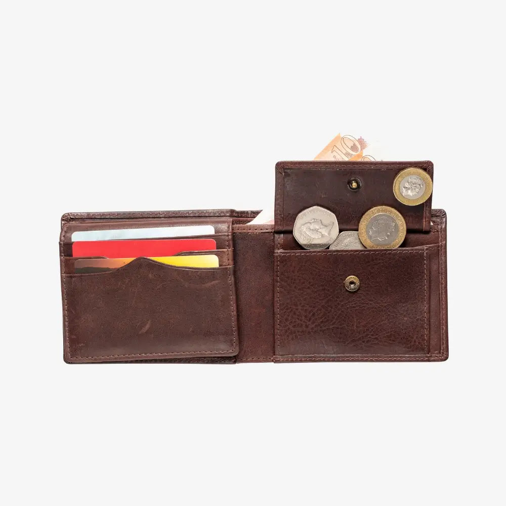 Brown leather wallet with card slots and coin pocket on a white background