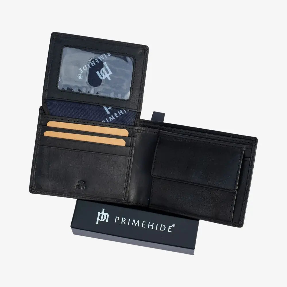 Black leather wallet with visible Primehide branding on a white background