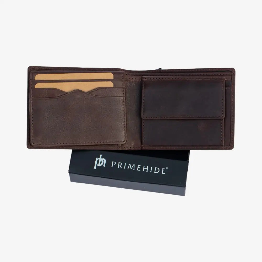 Brown leather wallet with visible Primehide branding on a white background