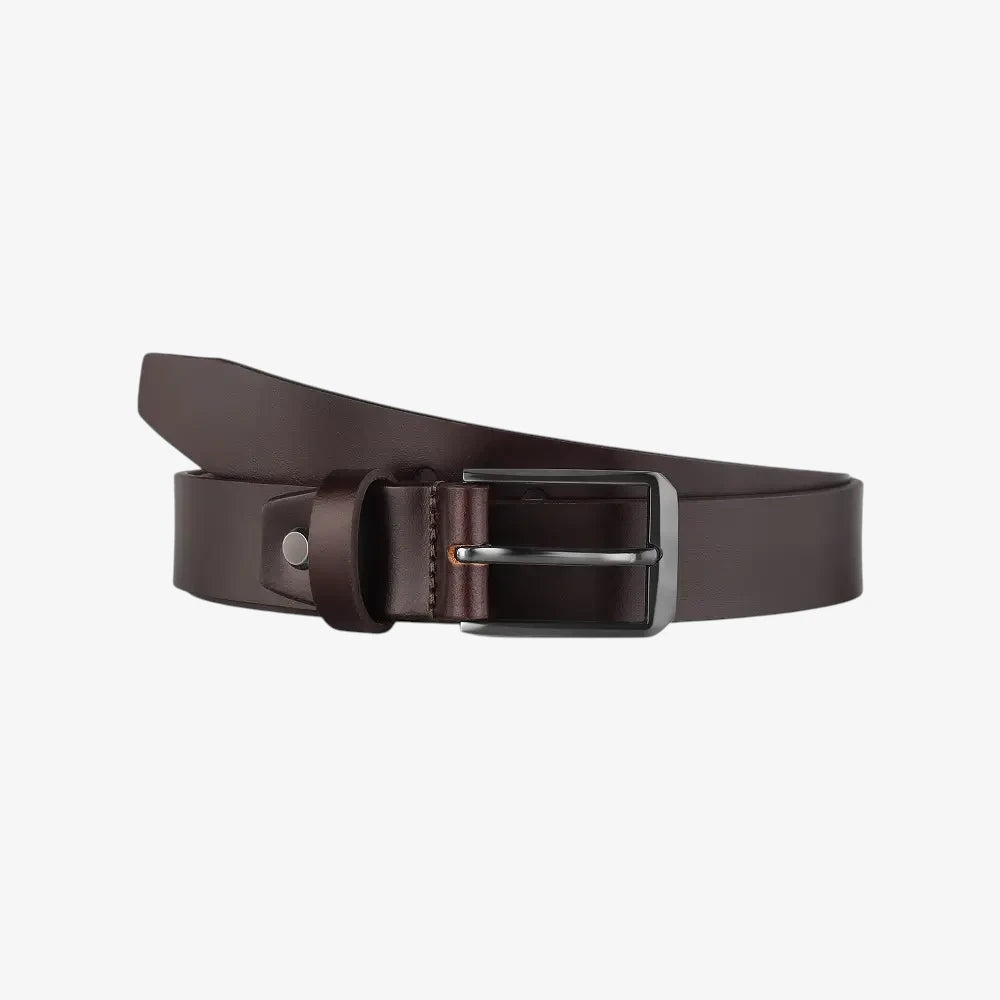 Front view of Brown leather belt with a silver buckle on a white background