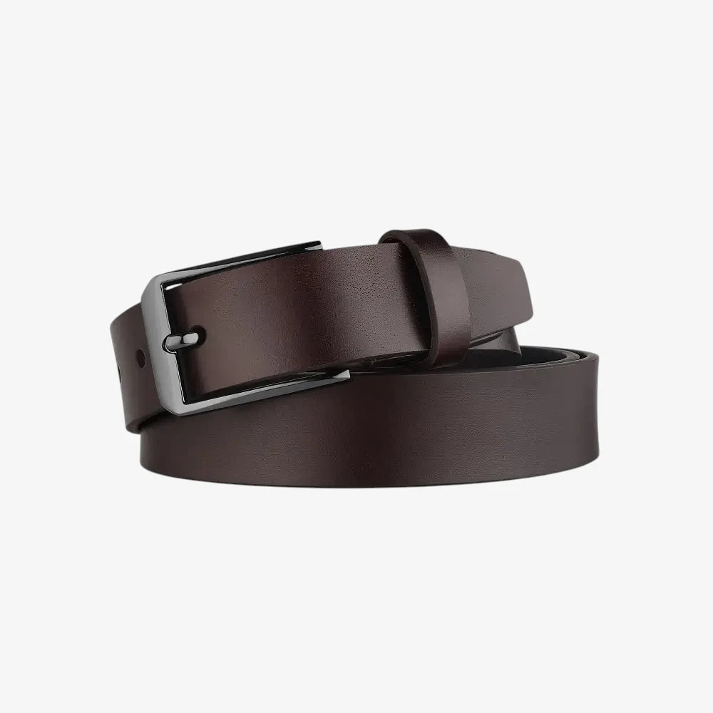 Brown leather belt with a silver buckle on a light gray background