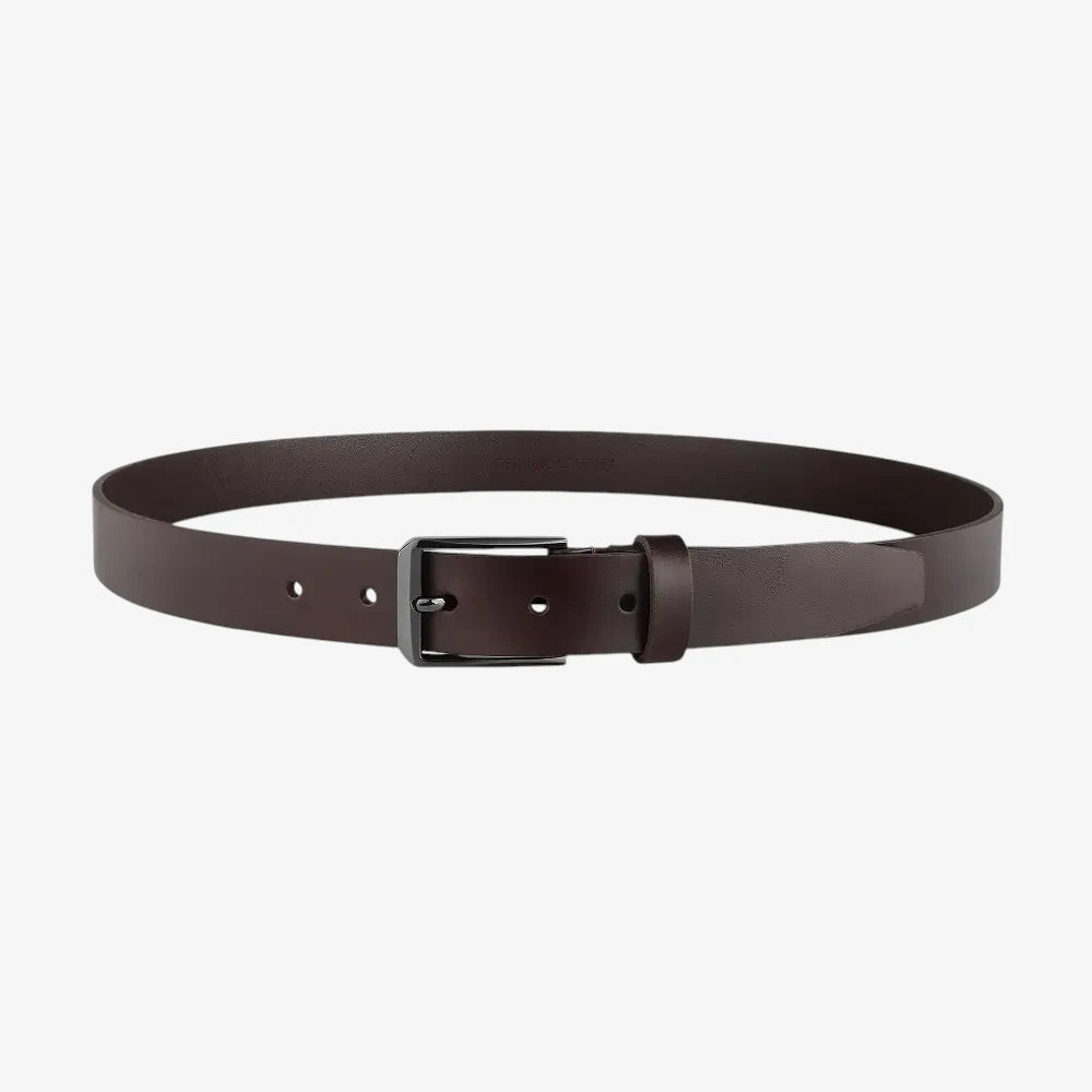Full length view of Brown leather belt with a silver buckle on a light gray background
