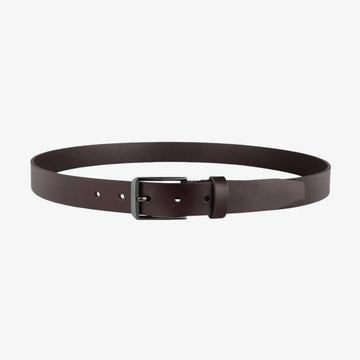 Full length view of Brown leather belt with a silver buckle on a light gray background