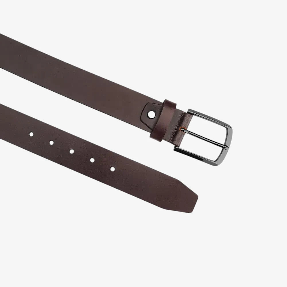 Top angle view of Brown leather belt with a black buckle on a white background