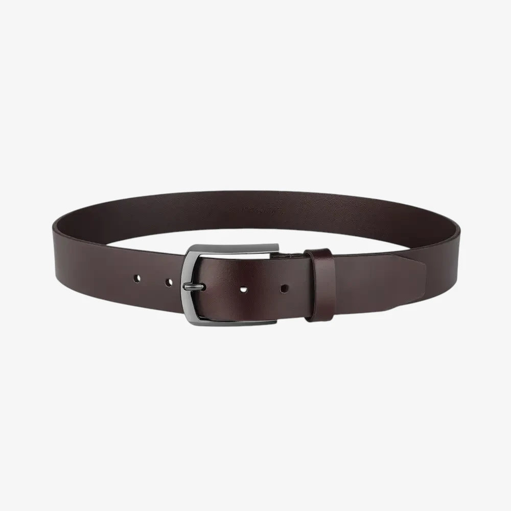 Full length view of Brown leather belt with a silver buckle on a white background
