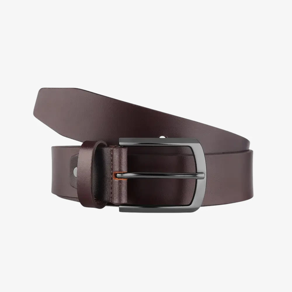 Front view of Brown leather belt with a silver buckle on a white background