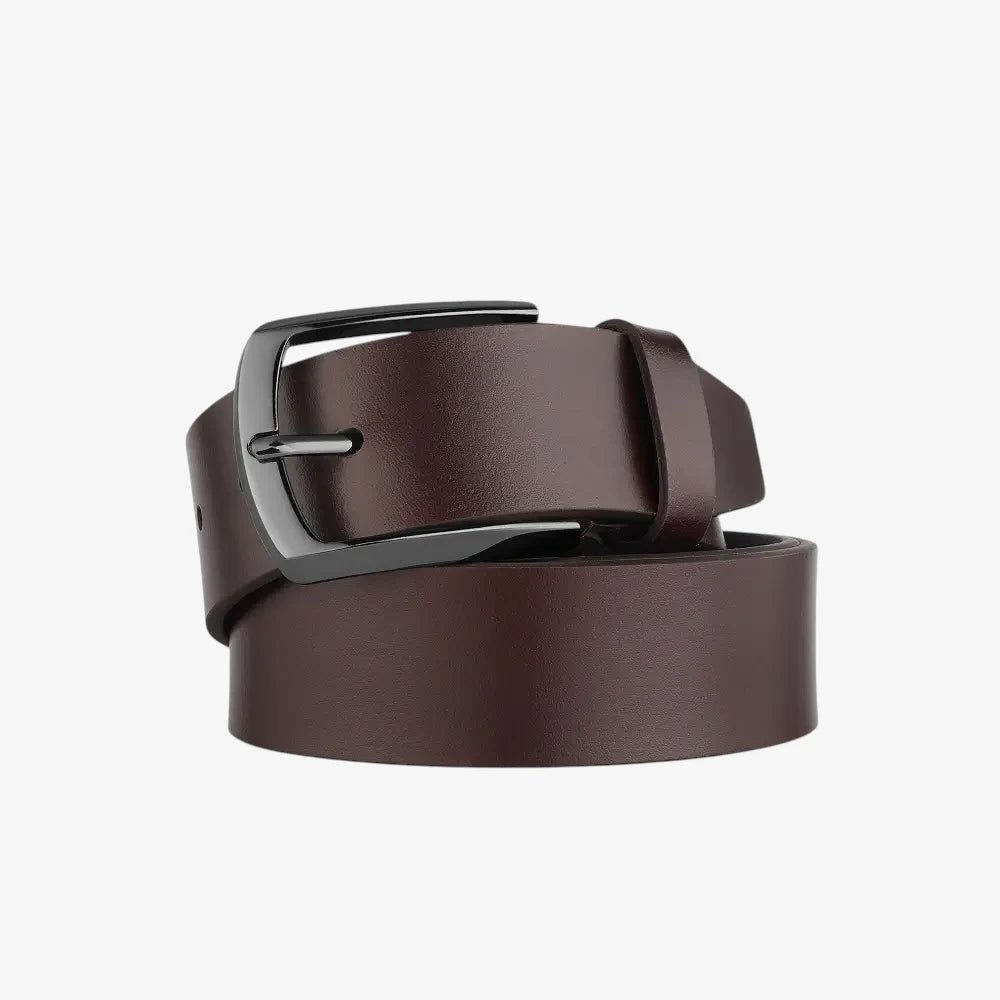 Brown leather belt with a silver buckle on a white background